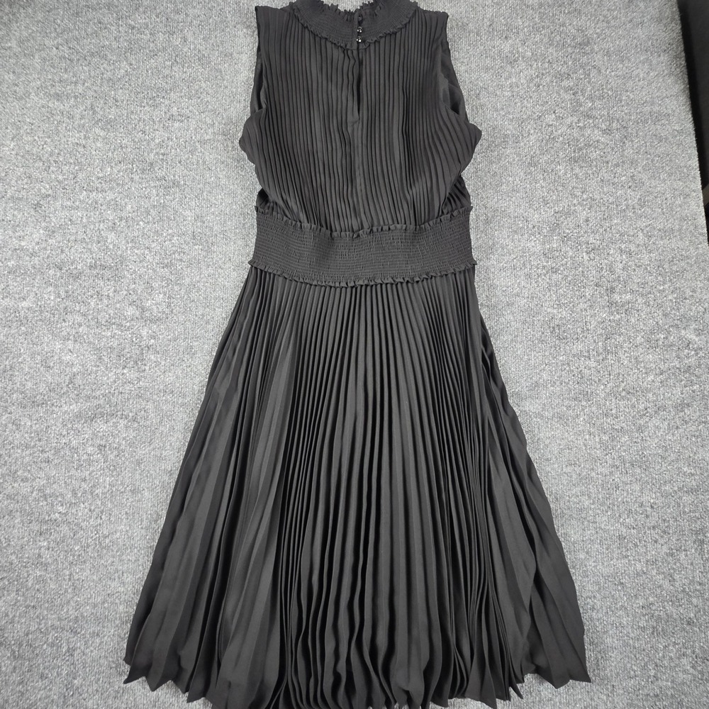 Nanette Lepore Pleated Midi Dress Womens 14 Black Smocked Mock Neck Sleeveless
